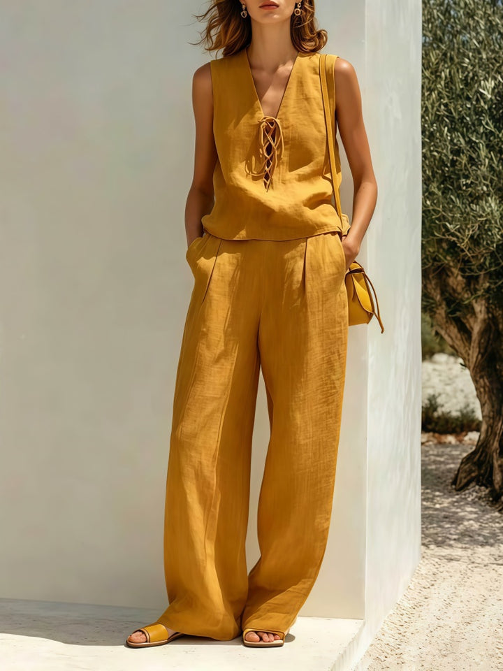 Minimalist tie-waistless top and wide-leg pants suit