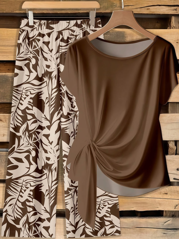 Printed Short Sleeve Twist Top Wide Leg Pants Set