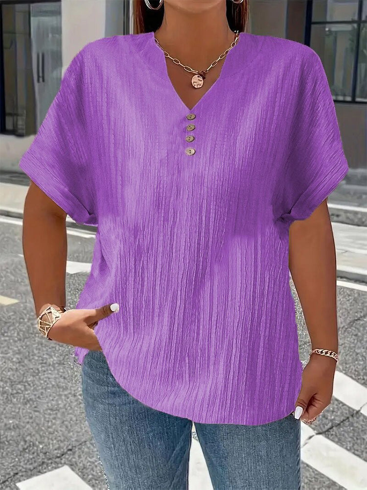 Fashionable and casual solid color button V-neck T-shirt