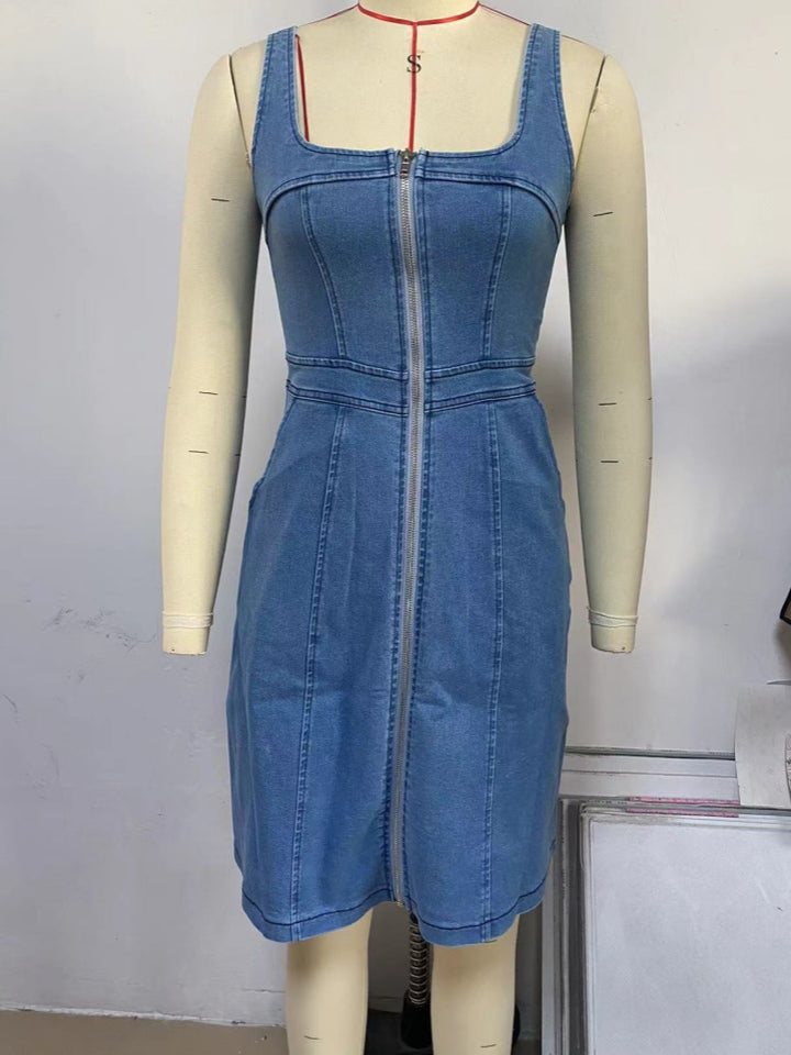 Sleeveless U-Neck Zip-Front Denim Bodycon Mini Dress