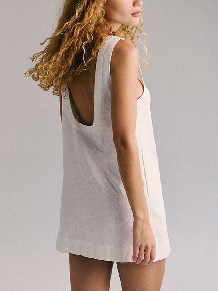 New cotton linen backless solid color mini vest dress
