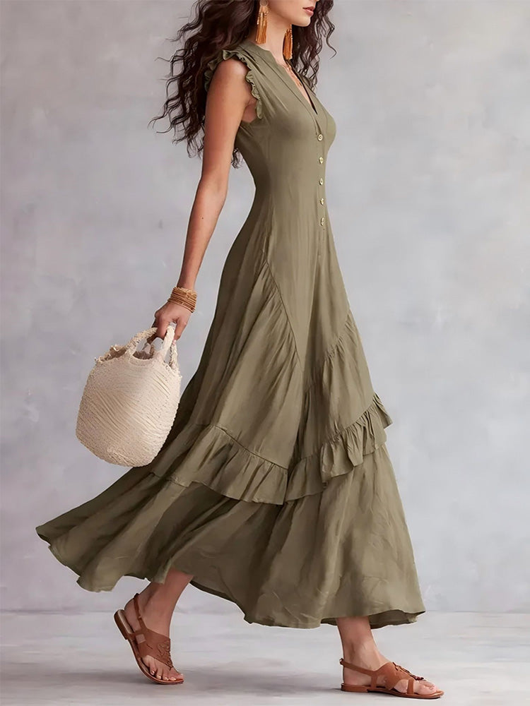 Elegant minimalist ruffled cotton linen sleeveless dress