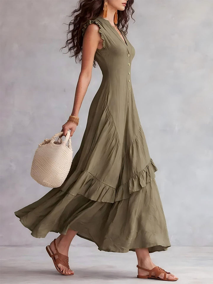 Elegant minimalist ruffled cotton linen sleeveless dress