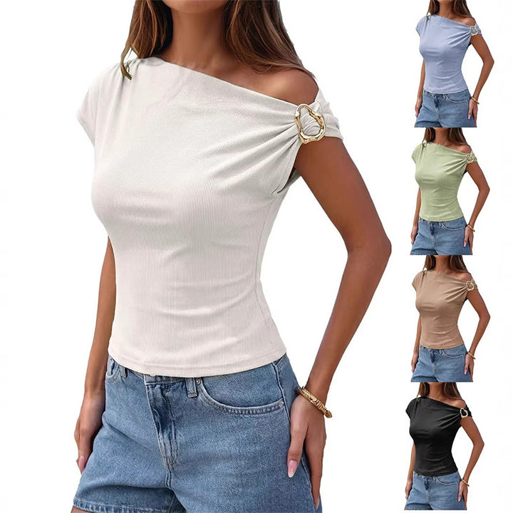 Slim-fit asymmetrical off-shoulder metal buckle T-shirt