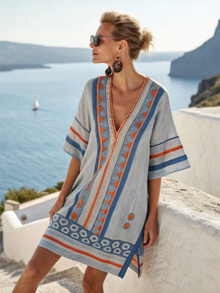 Boho Beach Cover-Up Dress – Lightweight V-Neck Resort Kaftan