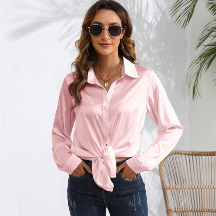 Satin Button-Down Shirt with Front Tie
