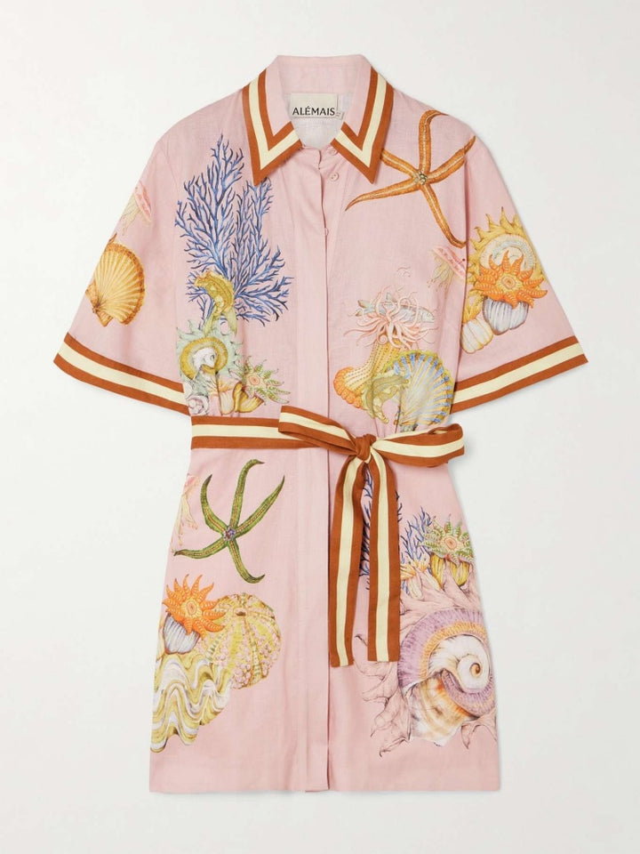 Vintage Marine Print Cotton Linen Shirt Dress - Tie Waist Nautical Mini Dress