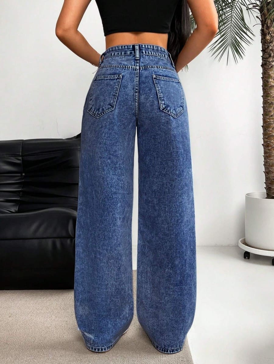 High-waisted straight-leg ripped jeans