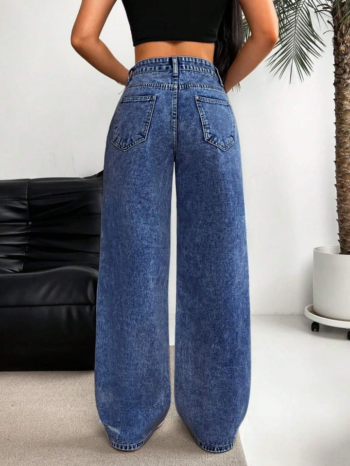 High-waisted straight-leg ripped jeans