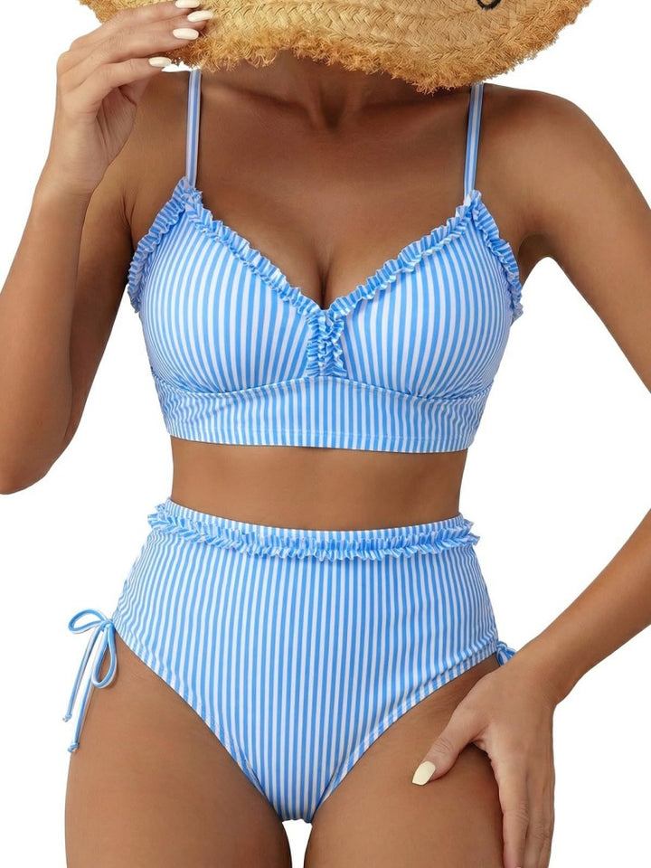 Ruffle Trim Striped High Waisted Bikini Set