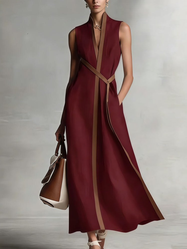 Color Block Linen-Blend Sleeveless Maxi Dress