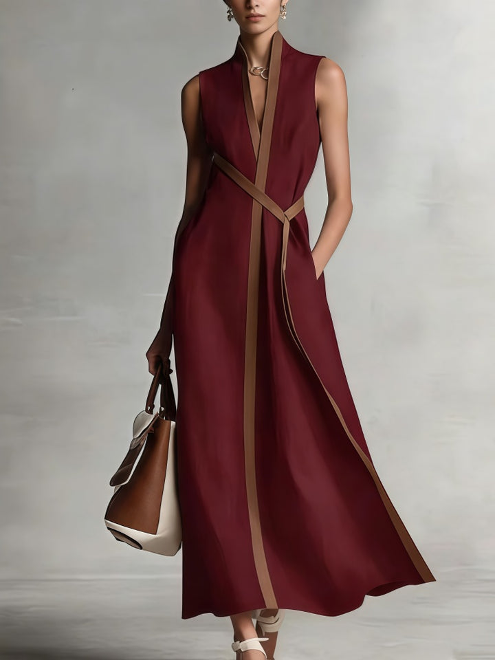 Color Block Linen-Blend Sleeveless Maxi Dress