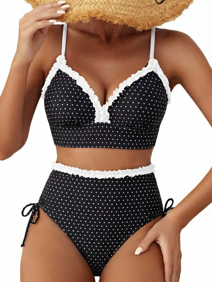 Ruffle Trim Striped High Waisted Bikini Set