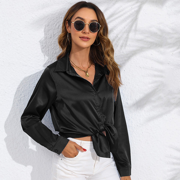 Satin Button-Down Shirt with Front Tie