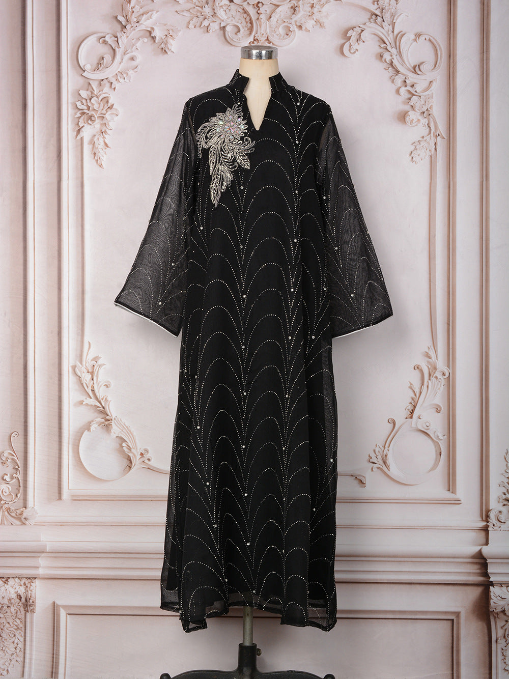 Crystal &amp; Floral Applique Embellished Abaya Maxi Dress