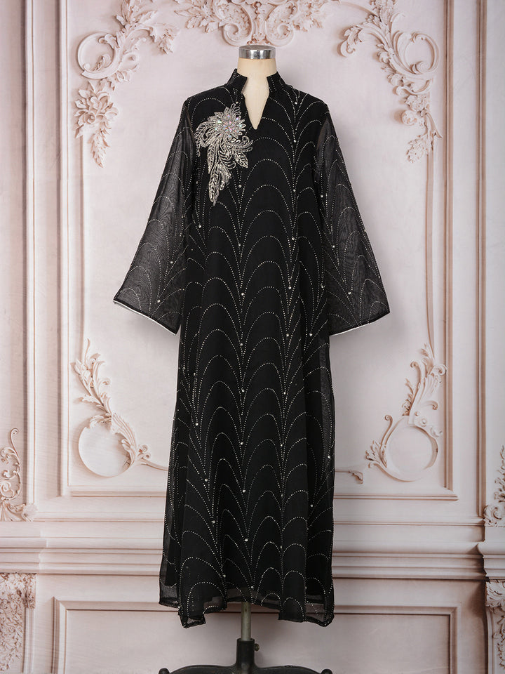 Crystal &amp; Floral Applique Embellished Abaya Maxi Dress