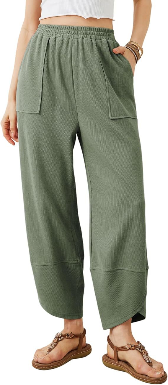 Elastic Waist Loose Fit Cropped Pants