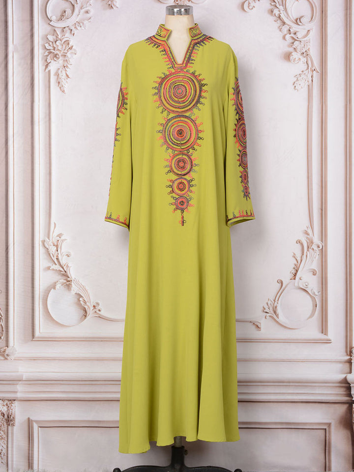 Ethnic Geometric Embroidered Abaya Maxi Dress
