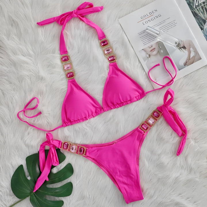 Crystal Embellished Halter Triangle Bikini Set