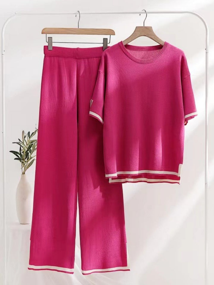 Contrast Trim Knit Short Sleeve Top &amp; Wide Leg Pants Set