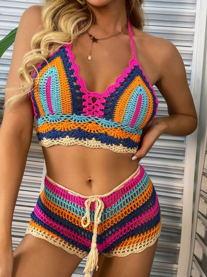 Vibrant Crochet Halter Bikini Set with Tassel Shorts