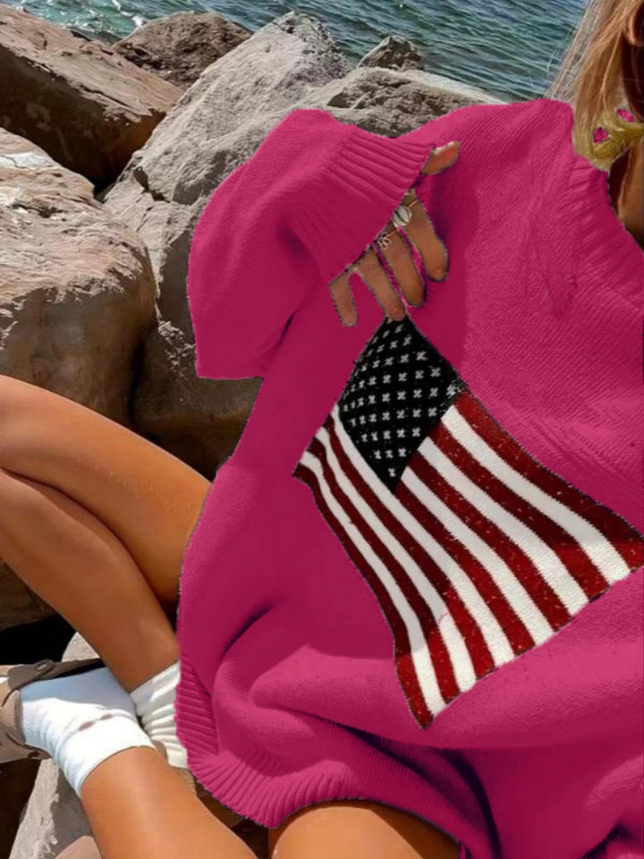 American Flag Oversized Knit Sweater - Soft Arctic Fleece Pullover