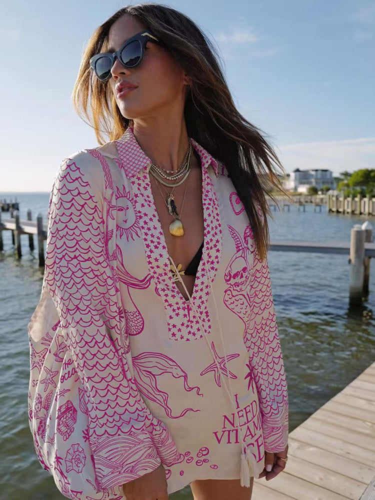 Nautical Print Oversized Shirt &amp; Shorts Set | Satin Beach Cover-Up 2-Piece