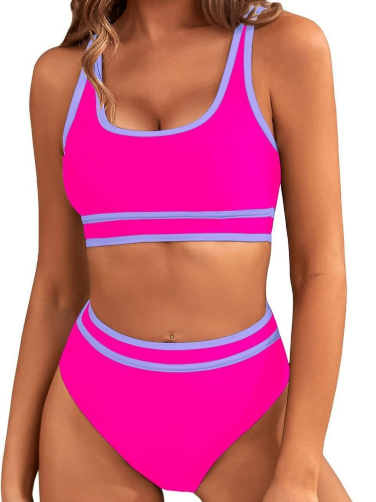 Contrast Trim Stripe High Waisted Bikini Set