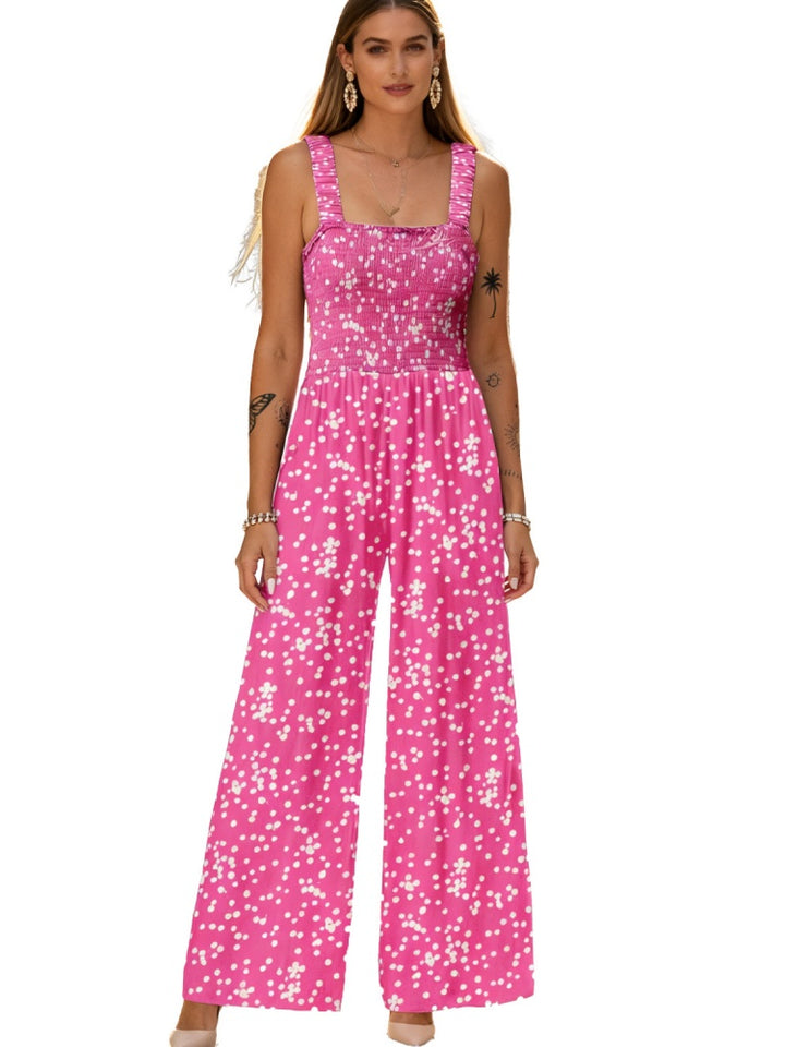 Smocked Square Neck Wide Leg Floral Jumpsuit