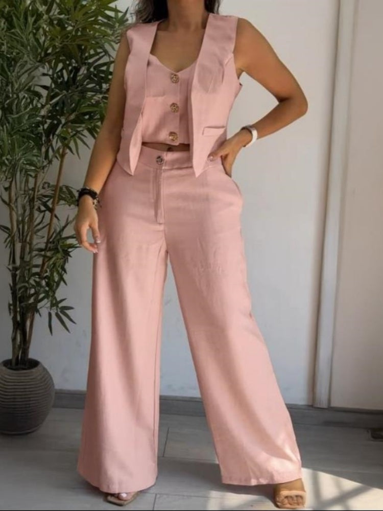 Sleeveless Button Vest &amp; Wide Leg Pants Set