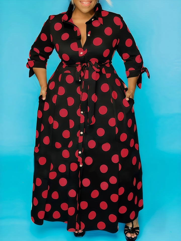 Polka Dot Tie Cuff Shirt Maxi Dress with Pockets