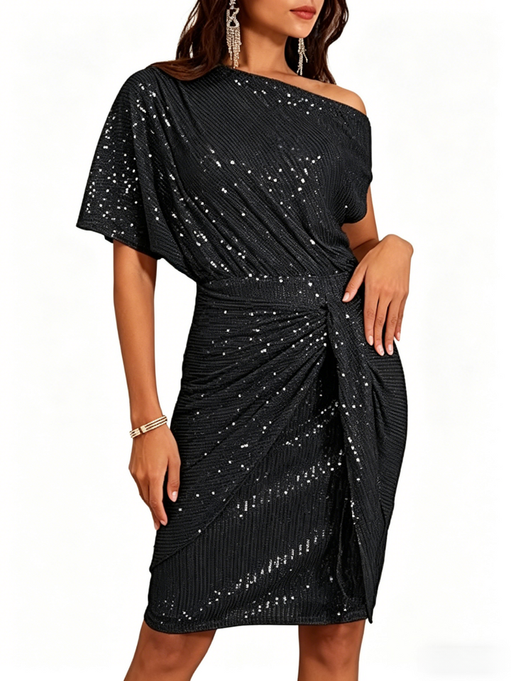 Sequin One-Shoulder Wrap Midi Dress