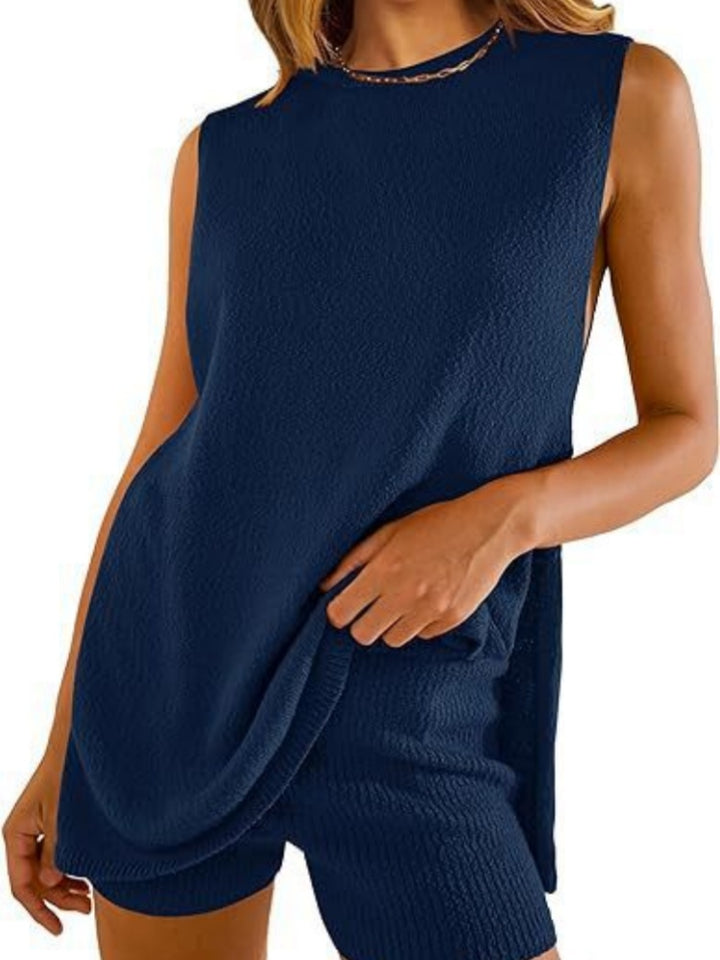 Textured Sleeveless Tank Top &amp; Ribbed Shorts Set