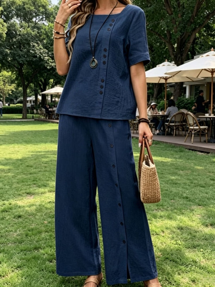 Cotton Linen Two-Piece Set - Button Detail Short Sleeve Top &amp; Wide Leg Pants