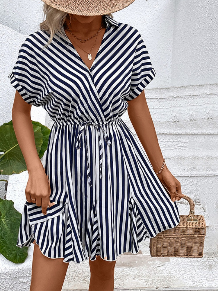 Versatile Drawstring Waist Striped Shirt Dress
