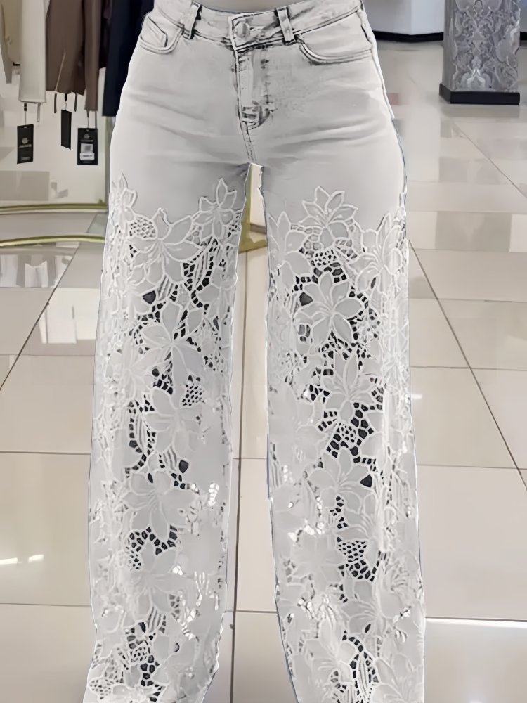 High Waisted Wide Leg Lace Panel Jeans