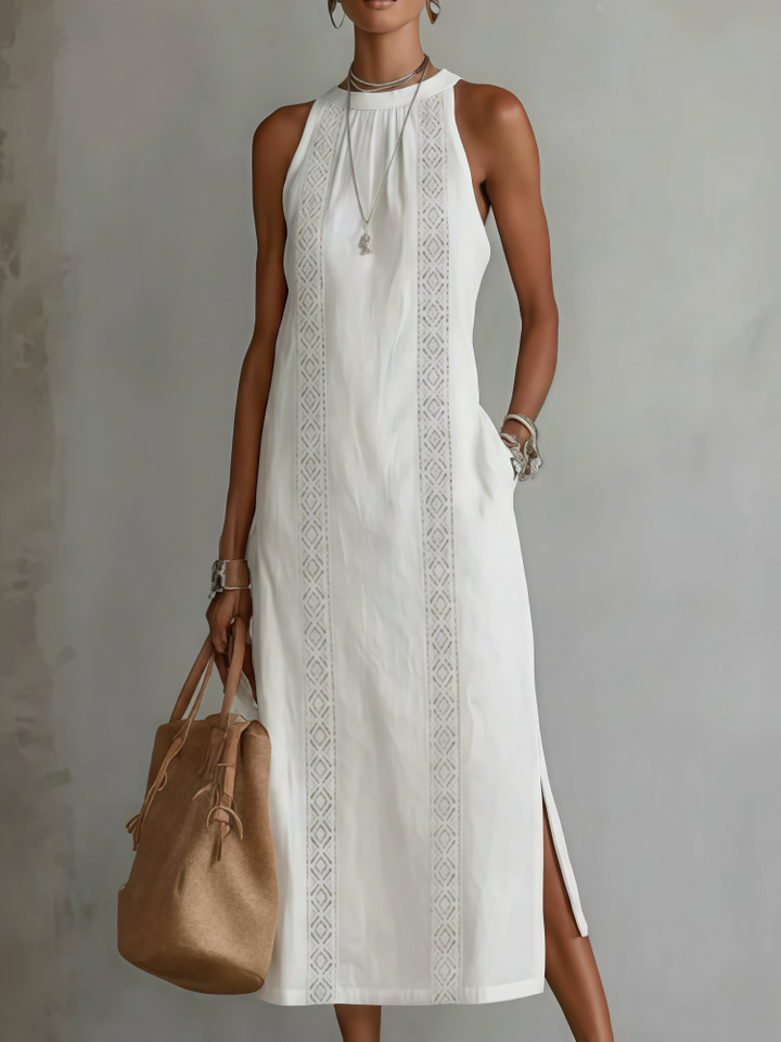 Lace-Trimmed Linen-Blend Halter Neck Midi Dress