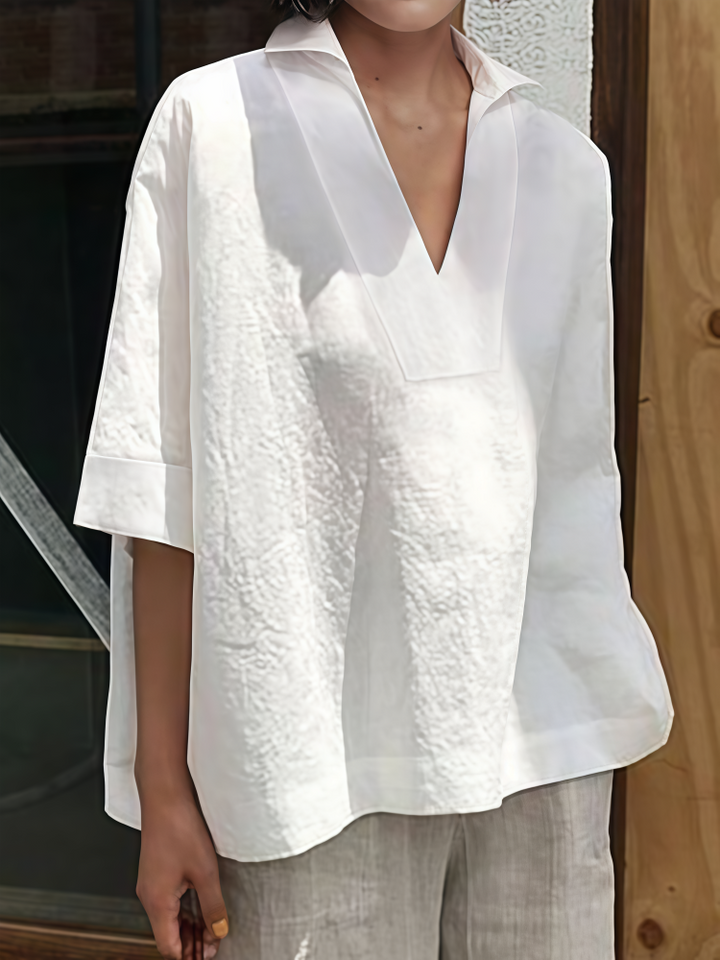 Oversized Linen Blend Collared V-Neck Blouse