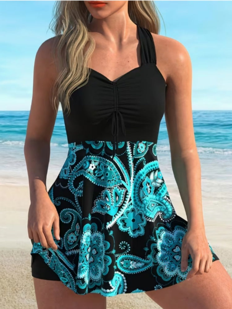 Halter Tummy Control Swim Dress – Slimming One-Piece Skirt Swimsuit
