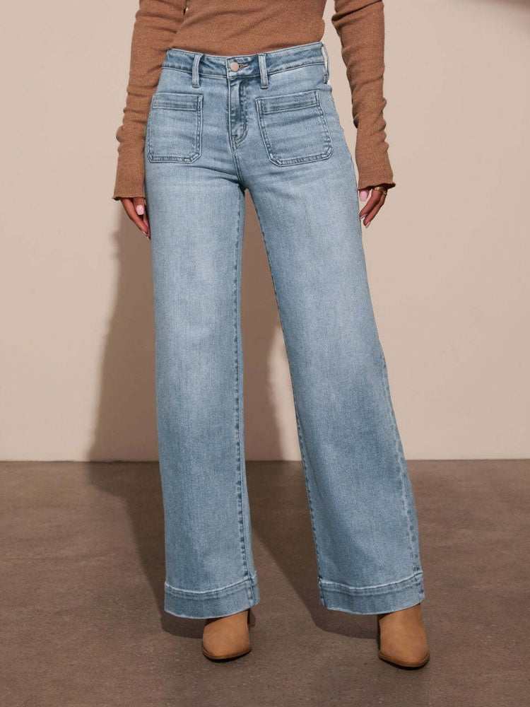 High Waist Patch Pocket Straight Leg Jeans | High Stretch Vintage Wash Full Length Denim Pants