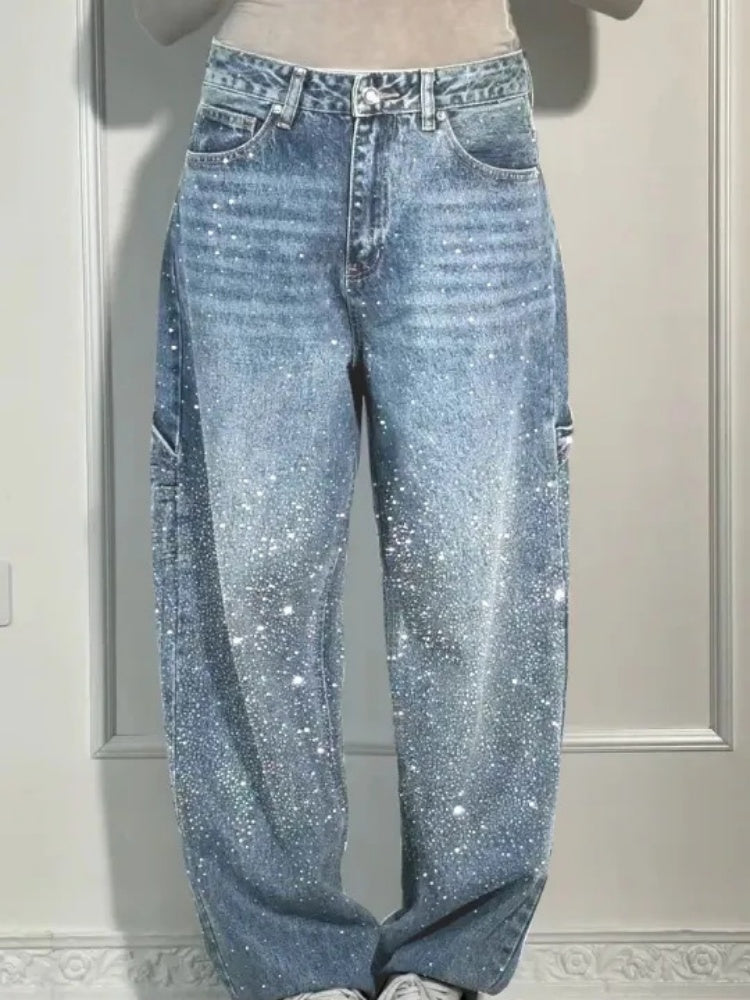 High Waist All Over Rhinestone Straight Leg Cargo Jeans