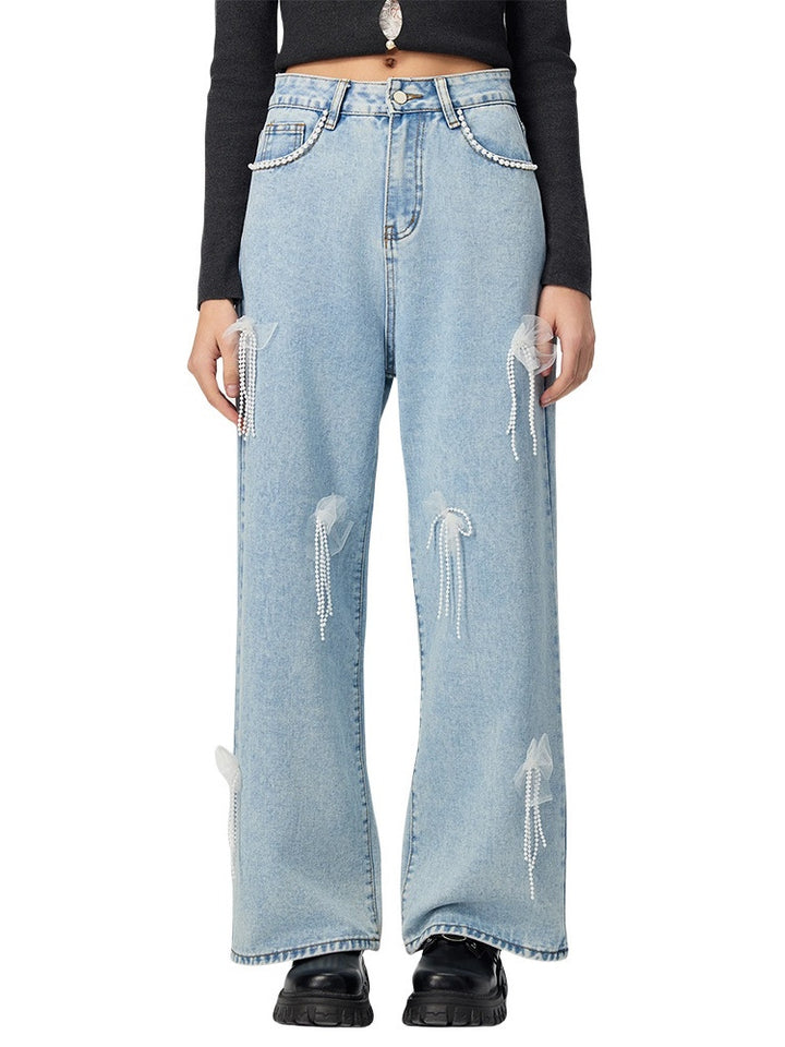 High Waist Wide Leg Jeans With Tulle Bow &amp; Pearl Tassel Decor