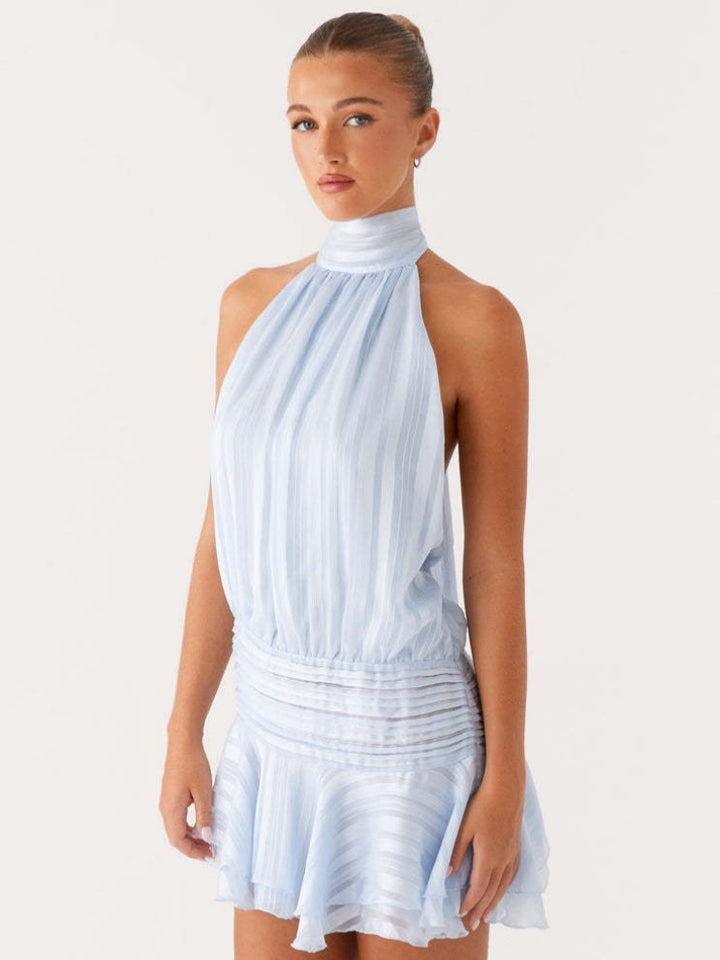 Pleated Halter Neck Ruffle Mini Dress