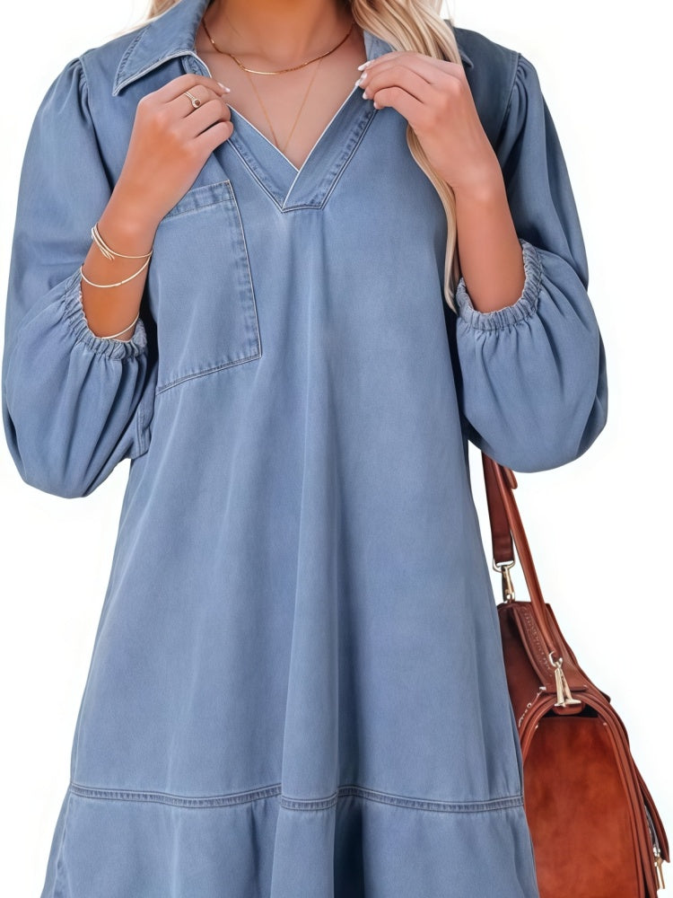 Collared V Neck Puff Sleeve Tiered Denim Midi Dress