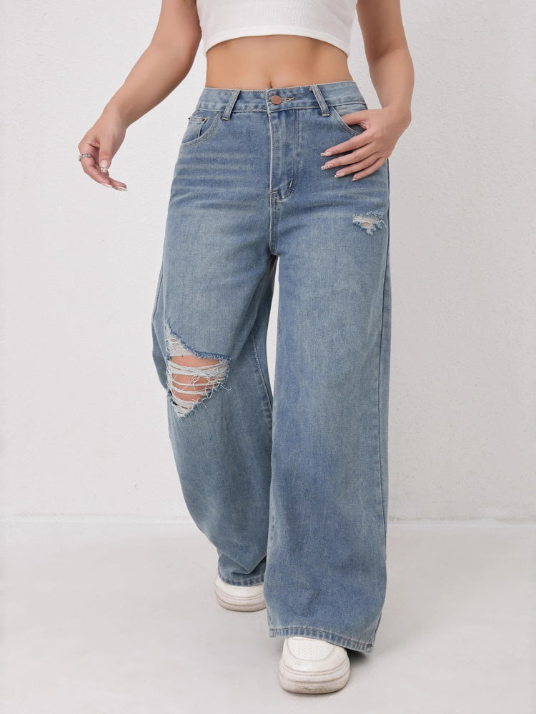 High Waist Hand Ripped Distressed Wide Leg Jeans