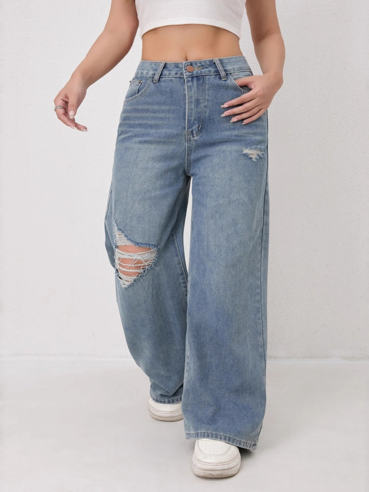 High Waist Hand Ripped Distressed Wide Leg Jeans