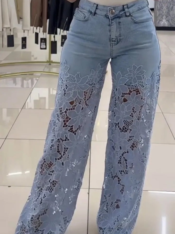 High Waisted Wide Leg Lace Panel Jeans