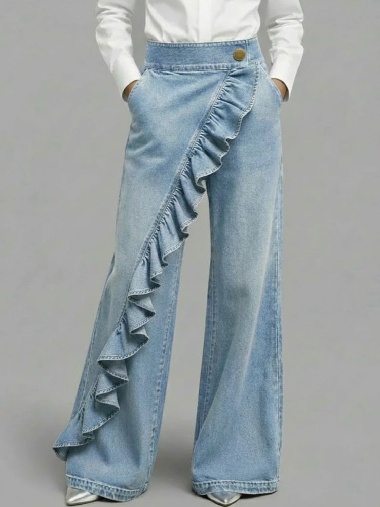 Ruffle Trim High Waist Wide Leg Jeans - Asymmetric Flared Denim Pants