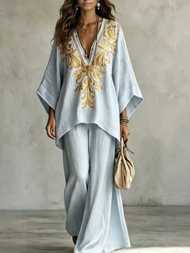 Embroidered V-Neck Top and Wide-Leg Pants Set