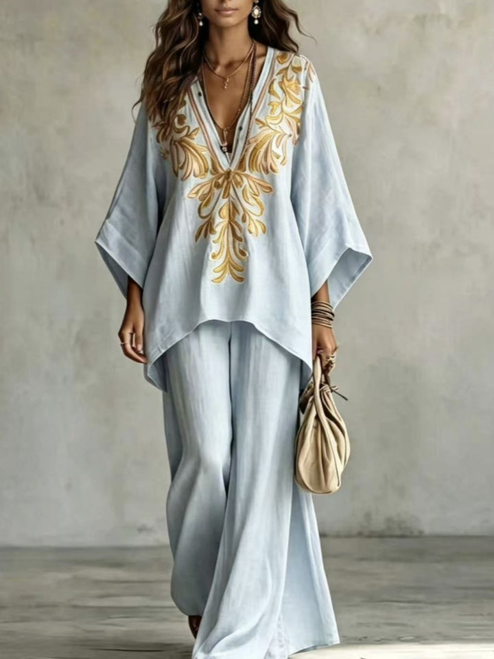 Embroidered V-Neck Top and Wide-Leg Pants Set